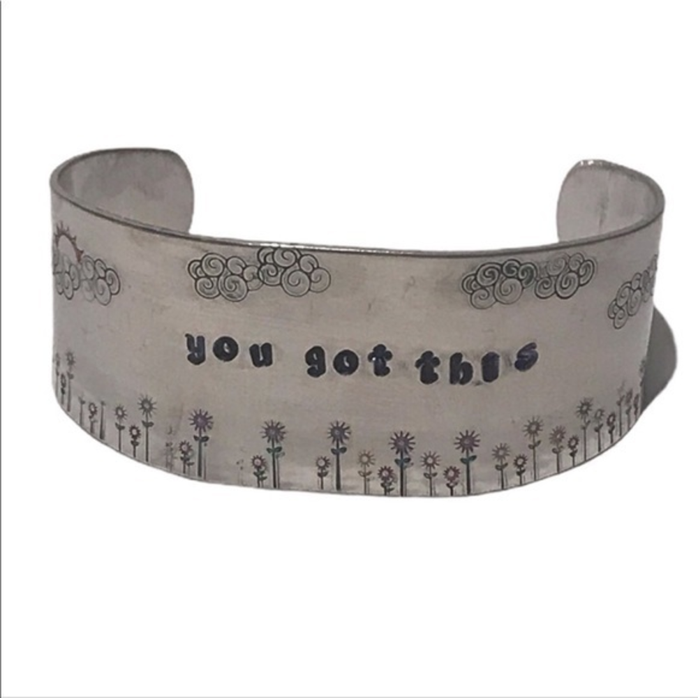 Handmade stamped boho affirmation silver adjustable hypoallergenic cuff bracelet